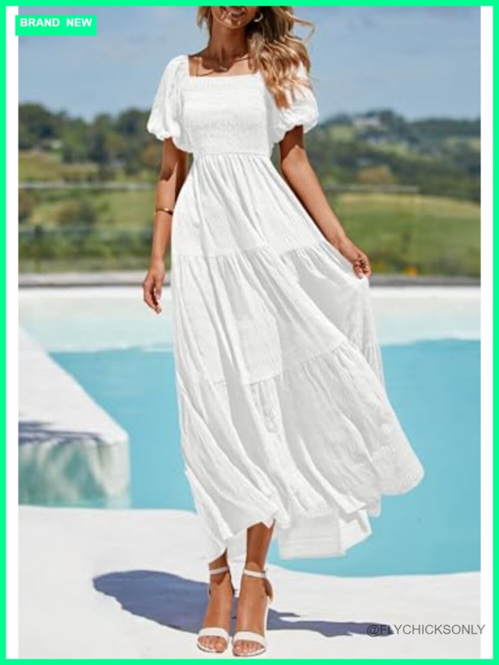 Puff Short Sleeve Maxi Dress Square Neck Smocked Tiered Ruffle A Line Flowy - Picture 5 of 7